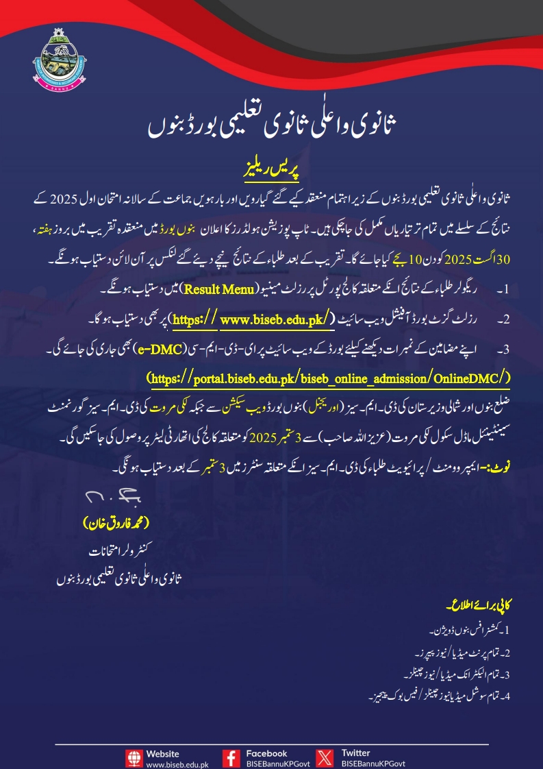 BISE Bannu Result 2025 Class 11th and 12th FA FSC