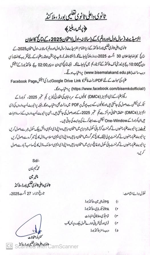 BISE Malakand 11th and 12th CLass Result 2025