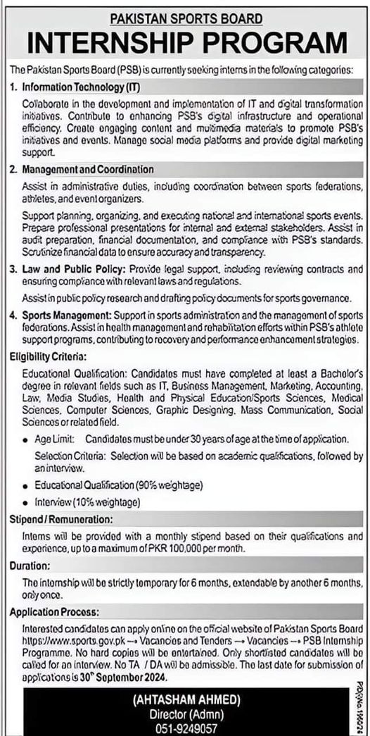 Pakistan Sports Board (PSB) Internship Program 2024