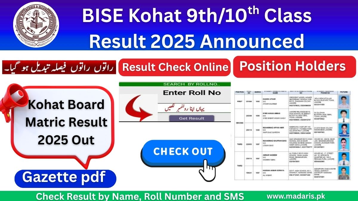 BISE Kohat Result 2025 9th and 10th Class check by Roll Number, Name and SMS