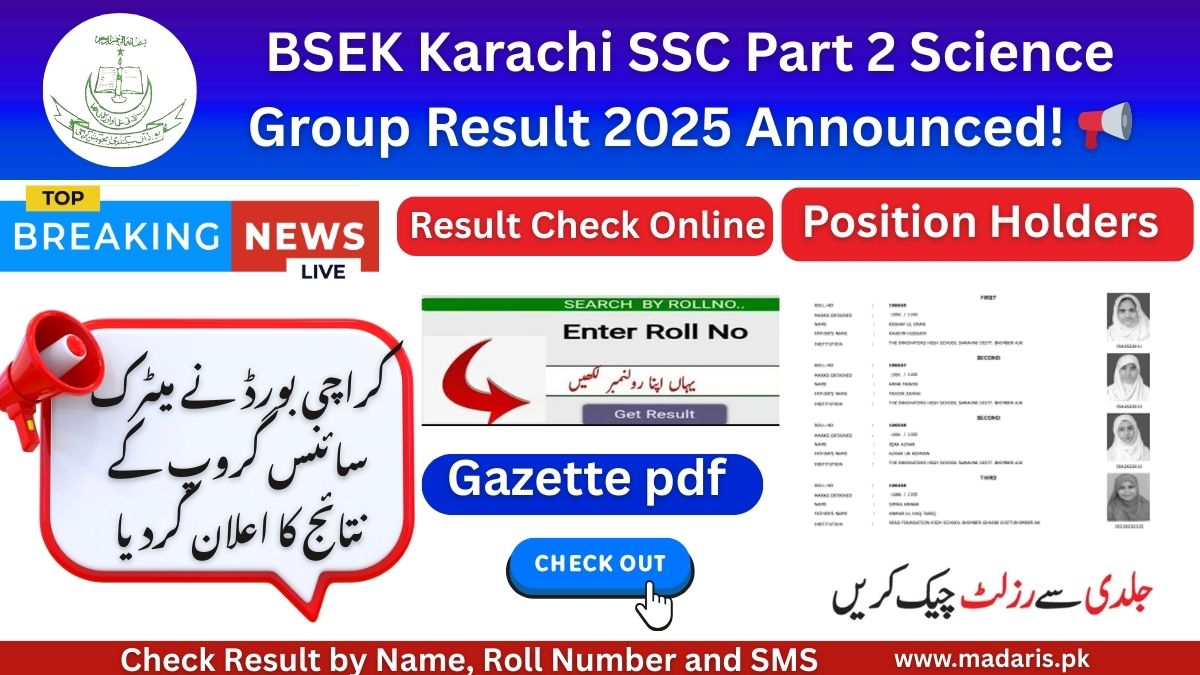 BSEK Karachi SSC Part 2 Science Group Result 2025 Gazette pdf