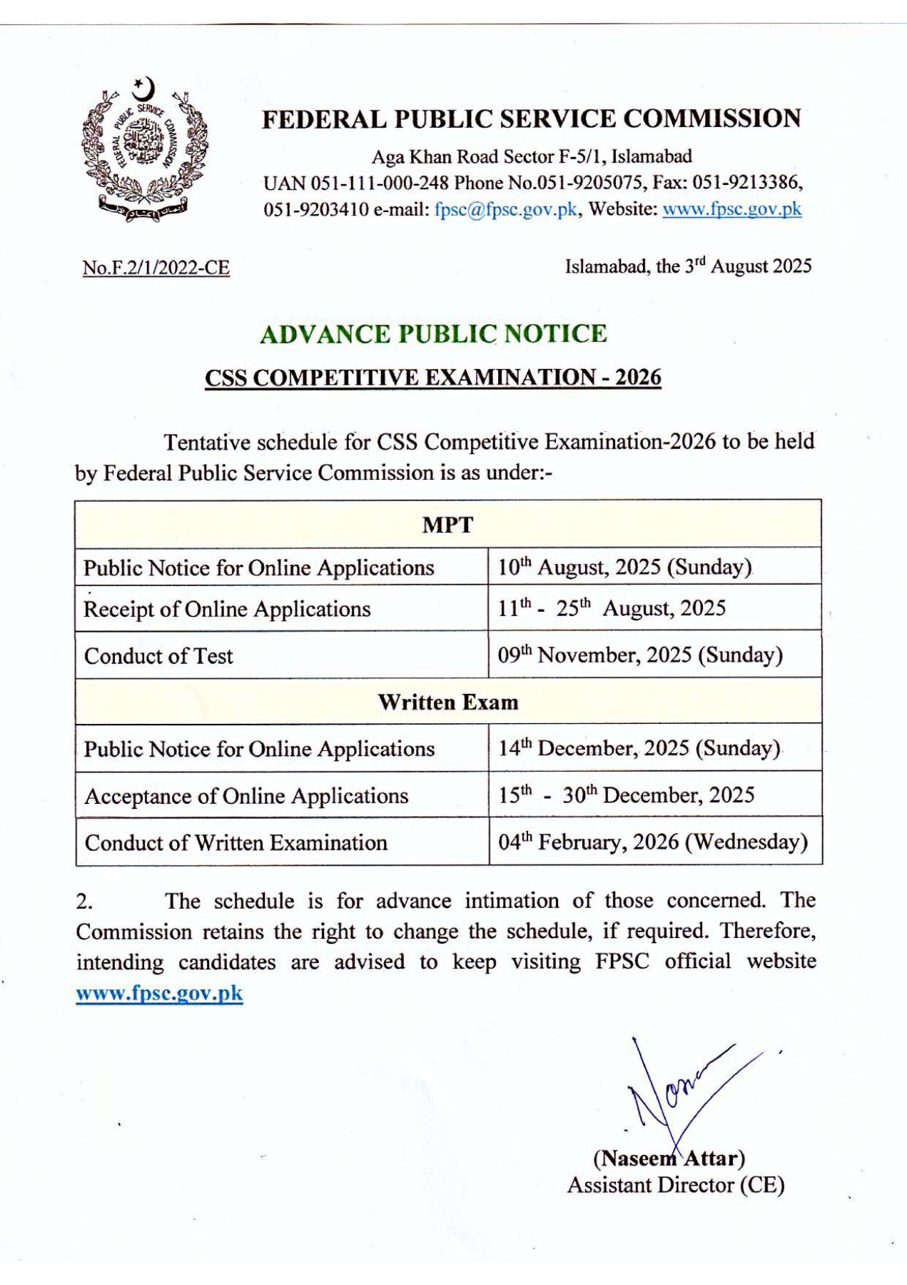 FPSC CSS 2026 Schedule test date
